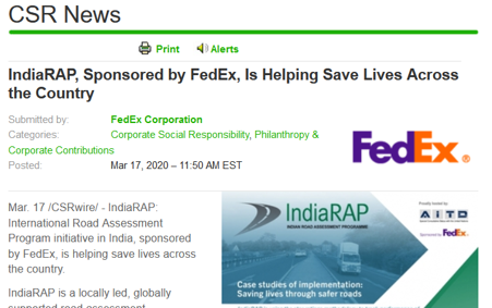 FedEx sponsored IndiaRAP to help save lives featured in CSR News