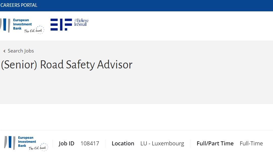 European Investment Bank (EIB) advertising for a Road Safety Advisor