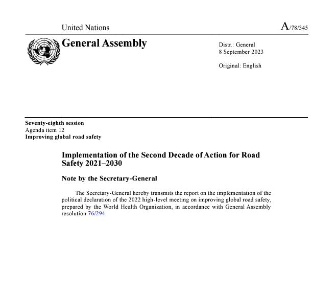 UN Secretary General’s report on the progress of improving global road safety (A/78/345)