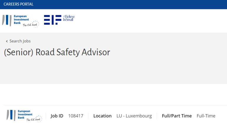 European Investment Bank (EIB) advertising for a Road Safety Advisor